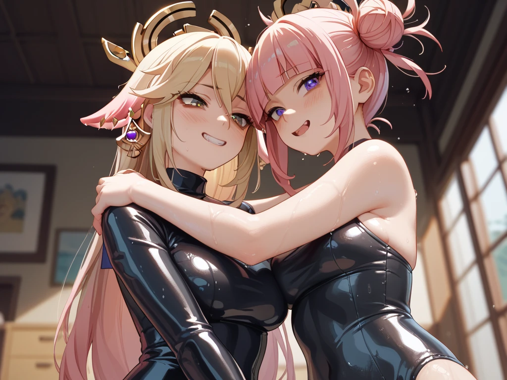 big lips, pink hair, pink eyes, japanese face, gyaru, huge breasts, wide hips, sexy, pink theme, kawaii, detailed, decora, bangs, grin, gyaru outfit, kawaii, pink and black outfit,, horns, cute succubus, small succubus wings, winking, eye wink, , twin tails, winky face,perfect angle, HD quality, 8k, pink eyes, loser hand sign, loser, L, twin tails, mini shorts, colorful, evil, fangs, kawaii
