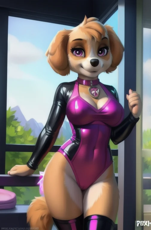 Skye from Paw Patrol, female cockapoo, anthro, short orange hair, fringe over eyes, magenta eyes, mature adult, big breasts, tight bodysuit, sitting on chair, chained, standing, detailed, solo, beautiful, high quality, 4K