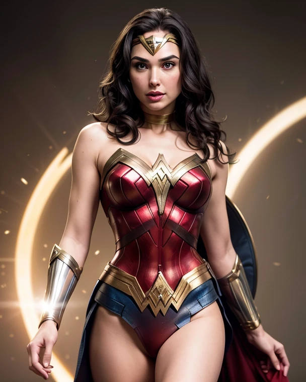 A ilustration of a greek goddes Wonder Woman, shot, centered, gold black color gel lighting, geometric shadows, glowing lights, symmetry, depth of field, intricate, elegant, highly detailed, digital painting, artstation, concept art, silver and white futuristic costume, smooth, sharp focus, illustration, as imagined by Greg Rutkowski and Borris vallejo.