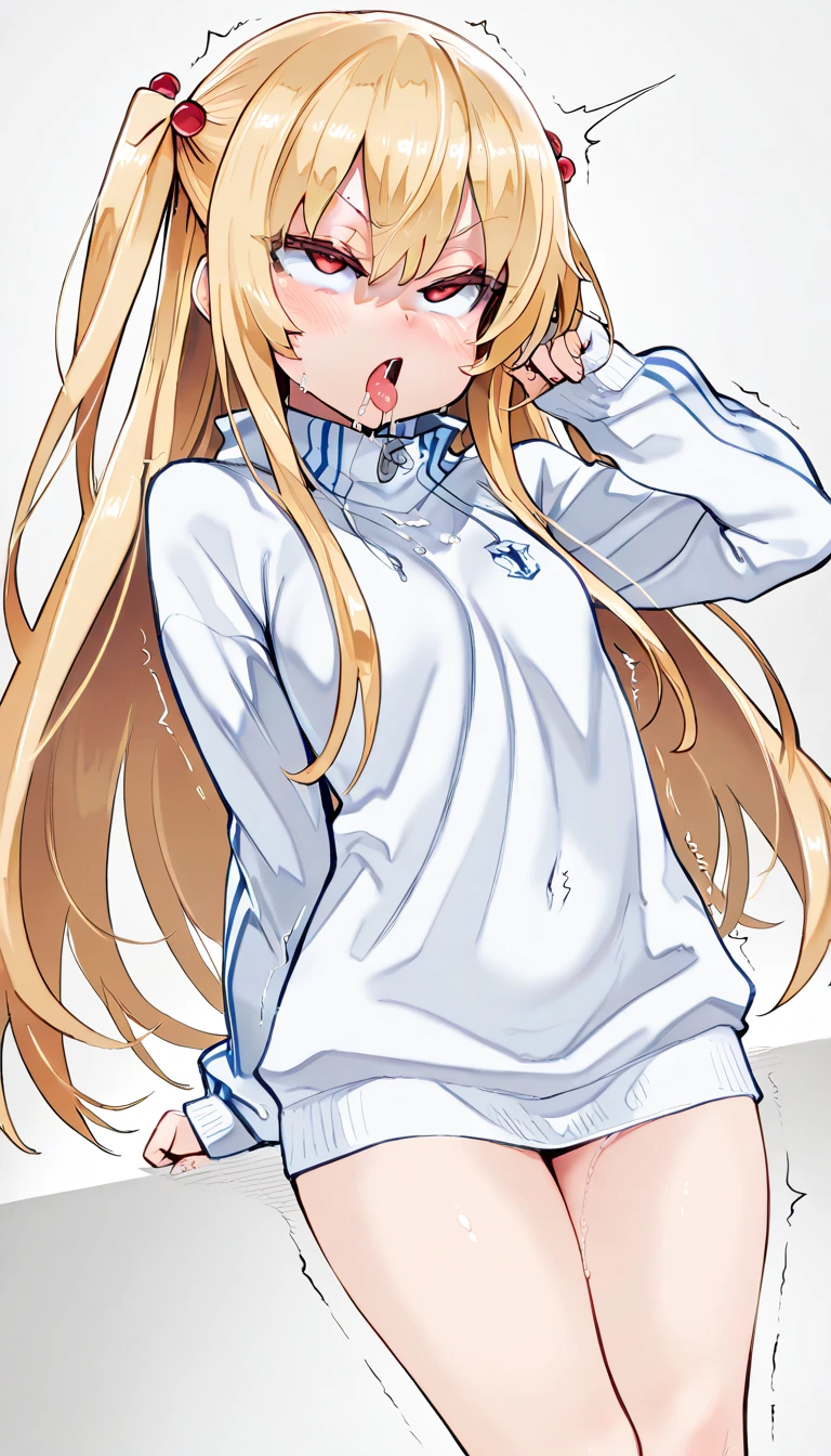 ((Masterpiece)), ((best quality)), (High Definition:1.3), (Professional Photography:1.2), 1girl, girl, kneeling, (frizzy hair), beautiful blonde hair, (very long bangs), (paw pose), Slender thighs, (sticking out tongue), (smug), open mouth, (zip up), pale pink clothing, (ruffled), lonely expression, (in The Great Hall of the Castle), Massively bandaged arm, (fansy band aid), band aid on legs, (mist effect:1.3),