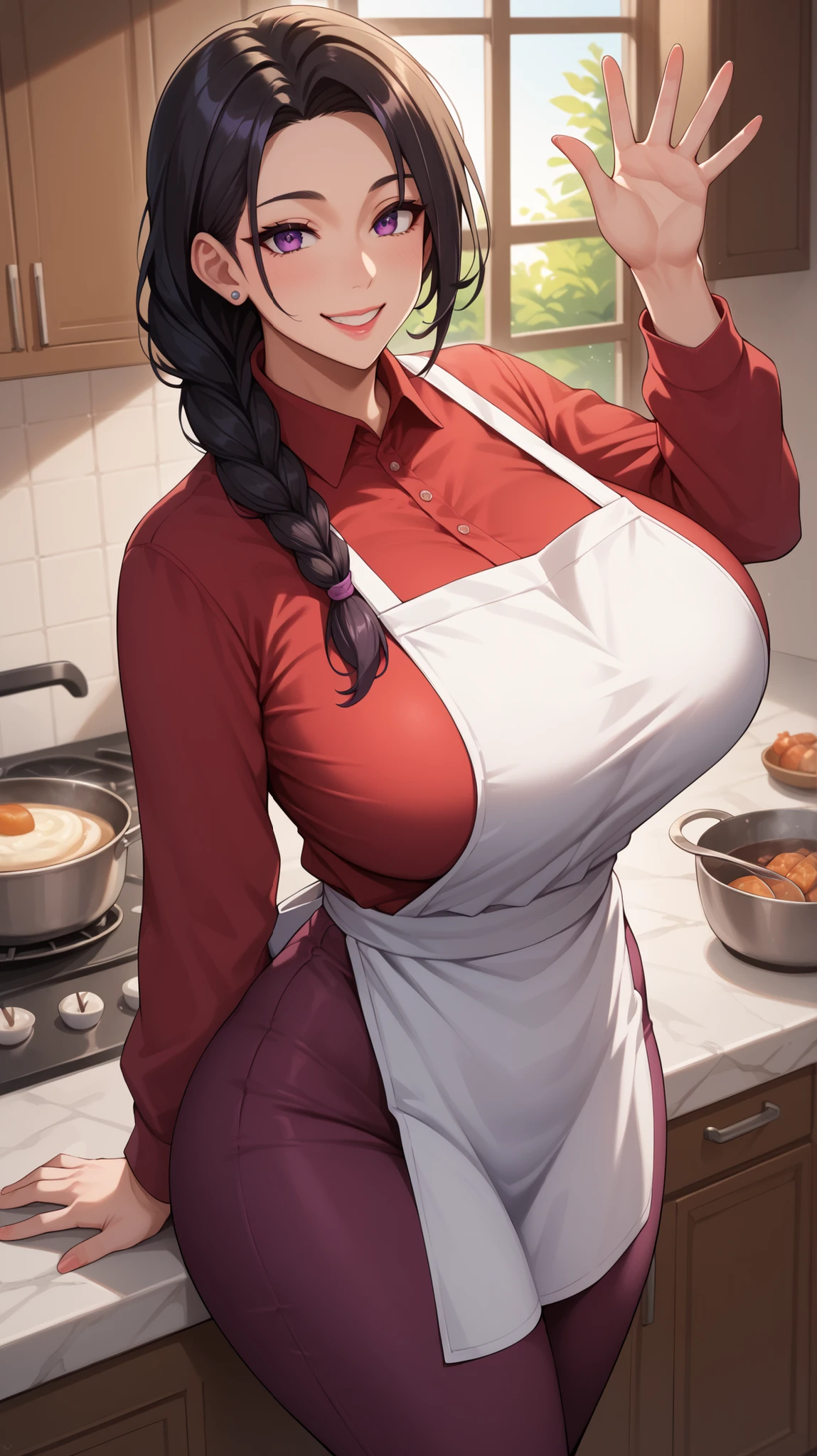 ((masterpiece)), ((best quality)), (ultra-detailed), absurdres, extremely detailed CG unity 8k wallpaper, Official Art, Accurate describe shapes, beautiful face, detailed hands, expressive eyes, upper body, looking at viewer, solo, (realistic), close-up, (standing, dynamic pose, smile:1.2), (kitchen, dramatic light, scenery, illustration:1.1), (1girl, mature female, milf, gigantic breasts, red lips, wide hips, curvy, long hair, wavy hair, black hair, blue eyes, forehead:1.4), (red shirt, black pants, long sleeves, white apron:1.3), ((masterpiece)), ,absurdres, HDR
