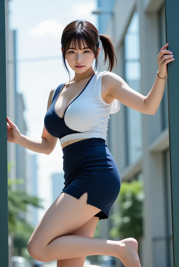 Blue Tennis Wear, (No underwear:1.2), White sneakers, swing tennis racket, Tennis ball, Tennis court, Sweaty smell, locker room, (Highest quality) , ((Very detailed)) , 4K , (8k) , masterpiece, Very detailedな, Highest quality, Super Resolution, sexy, 18-year-old girl, (Height: 152cm), 1 person, Very beautiful face, Cute type, Big Natural Color Lip, Big and pretty eyes, Brown eyes, Obvious double, Small and cute nose, Soft long hair, bangs, Brown Hair, Beautiful hands, finger is five, positive, Crying a little, Blue pleated micro mini skirt, Soft Light, RAW quality, Soft Skin, (Glowing Skin, Sweaty: 1.4) , Beautiful legs, Voluptuous thighs, Plump body, Huge breasts, (Expresses the roundness and softness of the chest area........1), Beautiful body, (A perfect feminine figure, Accurate joint movement), (Provocative dynamic pose), Skirt flip, Browsing Caution, (Spreading pussy:1.2)
