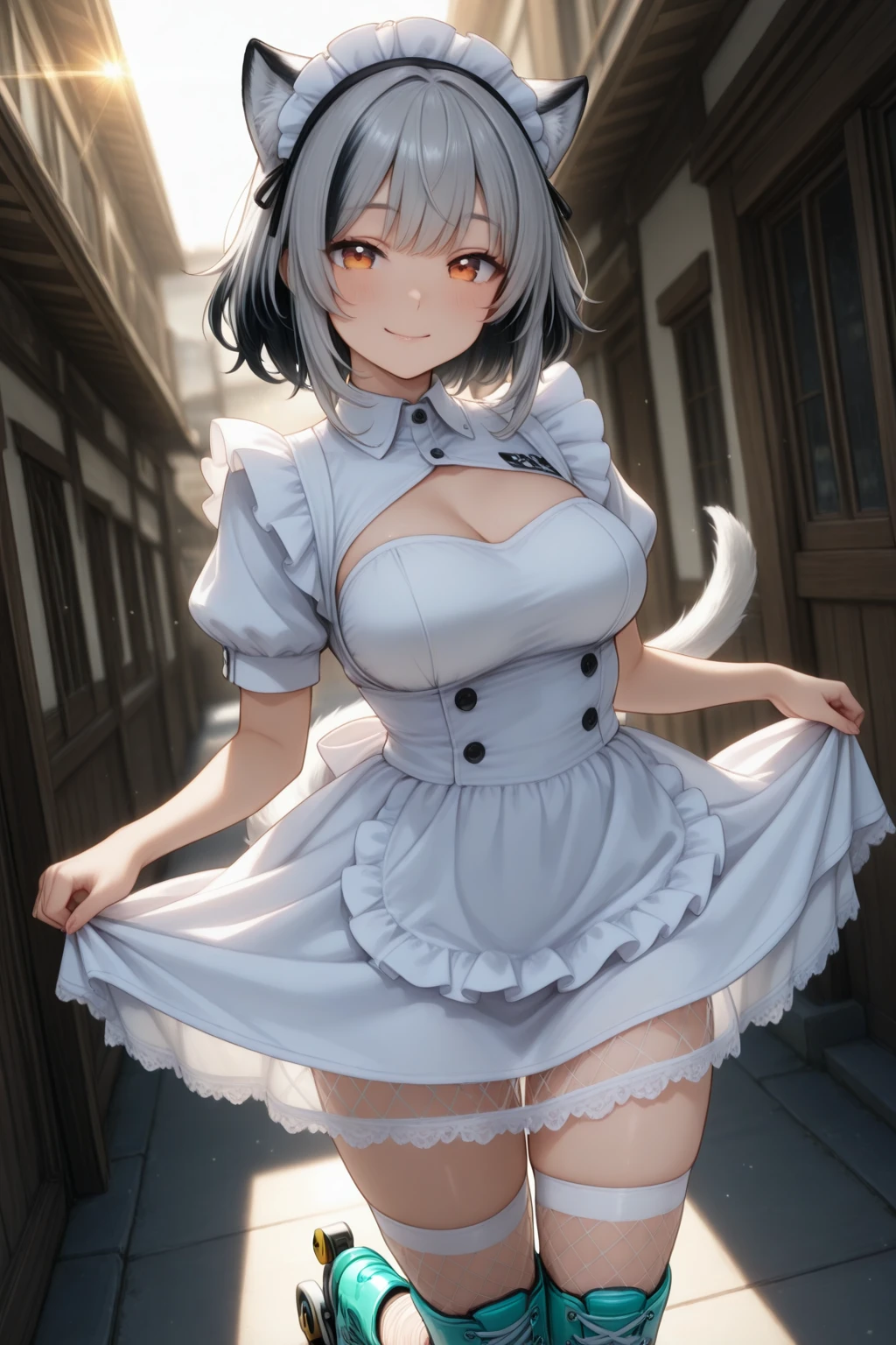 NSFW,Hololive,Shirakami Fubuki,fox ears,fox tail,blue dress,mini skirt,garter belt,wedding gloves,shy smile,blush,Church on the meadow at night,4K,masterpiece