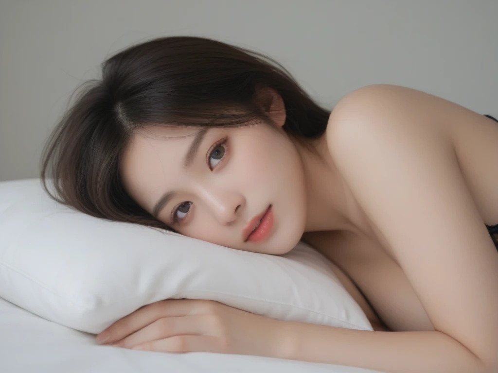 realistic figure, photogenic, middle length light brown hair, beautiful white-colored translucent skin, a little sunburned, medium build a little bit chubbily figure, no makeup, sleeping, closed eyes, small mouth, mouth is slightly open, small nose, smooth shaped jawline, face and jaw pointing upwards, glossy face, flushed cheeks, wearing pajamas, lying on own back on the bed and cuddling, room is dark, close-up on upper body shoot, angle looking down from above