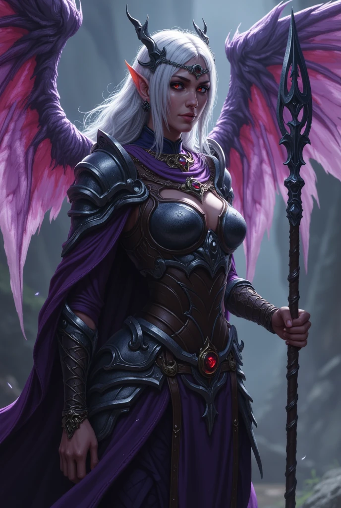 Create a purple winged elf, carrying a shining sword, in conflict with soulless knights. 