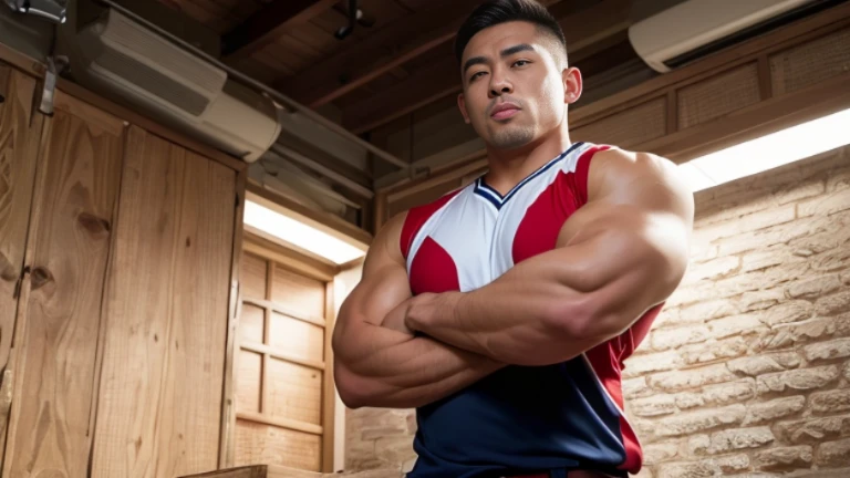 Masterpiece, Best quality, Super-Resolution, Depth-of-field, Maximum clarity and sharpness, Thai male, Wrestling wear, Bodybuilder,