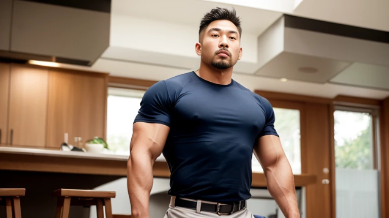 1 male,realistic, highly detailed, intricate details, detailed background, depth of field, photo of a​​ daddy ,(((beefy ))),(huge pecs only), (Korean-thai 27 ages),  on big  window, (smirk:0.9), (seductive gaze, tired), (open mouth:0.9), jean pants, standing cool pose
