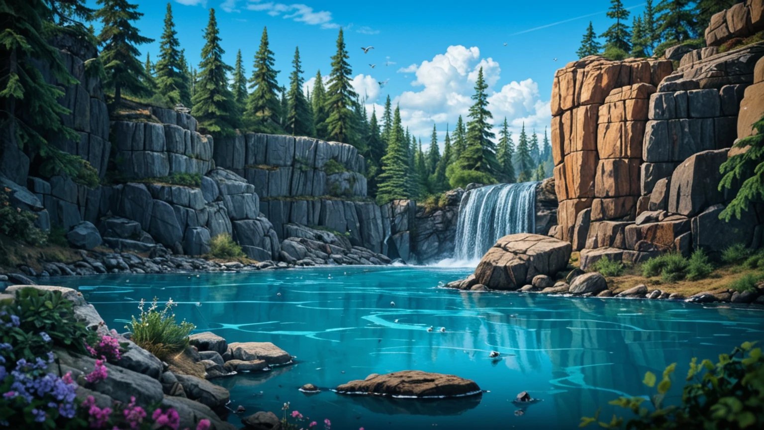 A scene unfolds quiet with a pristine lake with crystal clear waters, turquoise waters bordered by rugged rock formations.  In the middle distance , a majestic waterfall cascading over layers of rocky ledges, adding a soft, the air has a misty texture. Pine trees dominate the landscape, , its striking green tone reflected on the surface of the lake, , , while wild flowers scattered in shades of purple and magenta add touches of vibrant colors to the gray rocks along the coast.  fluffy , cotton-like clouds dot the brilliant blue sky, and the birds glide gracefully above, that contribute to creating a calm environment. The natural scenery is bathed in warm sunlight, , creating strong contrasts between illuminated rock walls and the deeper shadows of wooded cliffs. In general, the atmosphere is serene and welcoming, evoke a sense of peace and the natural beauty of unspoiled nature.
