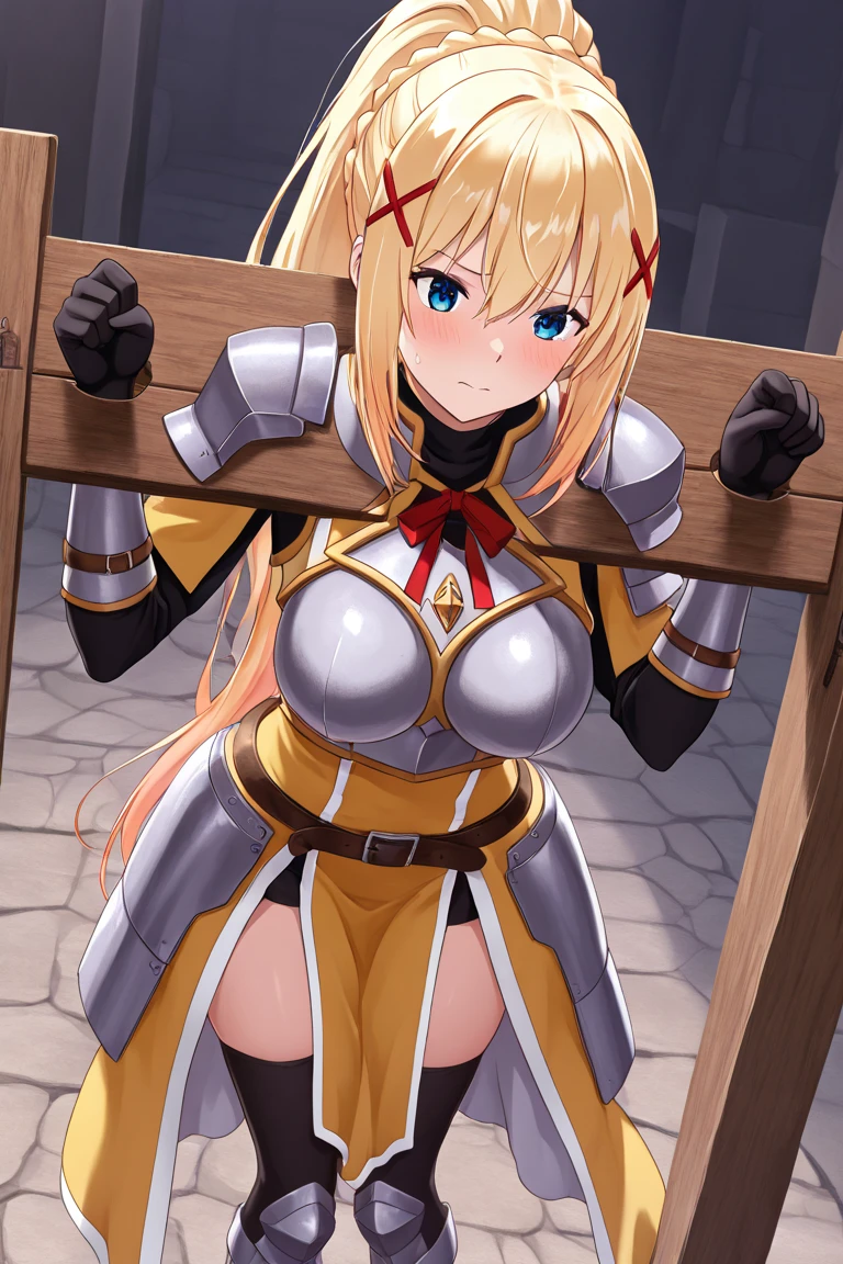 mLeinaV4, 1girl, solo, twin braids, bikini armor, breastplate, belt, elbow gauntlet, loincloth, knee boots, masterpiece, ultra detailed, best quality, masterwork, super fine illustration, cg unity 8k wallpaper, gleaming skin, oil skin, shiny skin, wet skin, sweat, (((blindfold, chain leash, animal collar, animal collar connected chain leash, spiked collar, long and holding chain leash))), (((full on all fours, hands on the ground, crawling))), full face blush, sexual ecstasy smile, happy, rape face, fucked silly, vulgarity, large breasts, cleavage, head band, dare fingers gloves, 