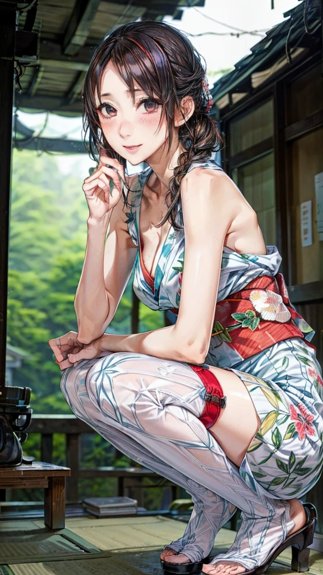 (1girl, Alone, alone), (WakatsukiRisa, Sarada uchiha, black hair, short hair, Black eyes, red glasses), ((Alone, (1 woman, (small bust) pink lipstick, Black eyes), extremely detailed , Soft ambient lighting, 4K, perfect eyes, a perfect face, Perfect Lighting, the 1 girl)), ((fitness, muscular, shapely body, athletic body, toned body)) ,((red yukata, blue belt, kimono red, white swimsuit, white bikini, lying on the grass, view from top to bottom,))