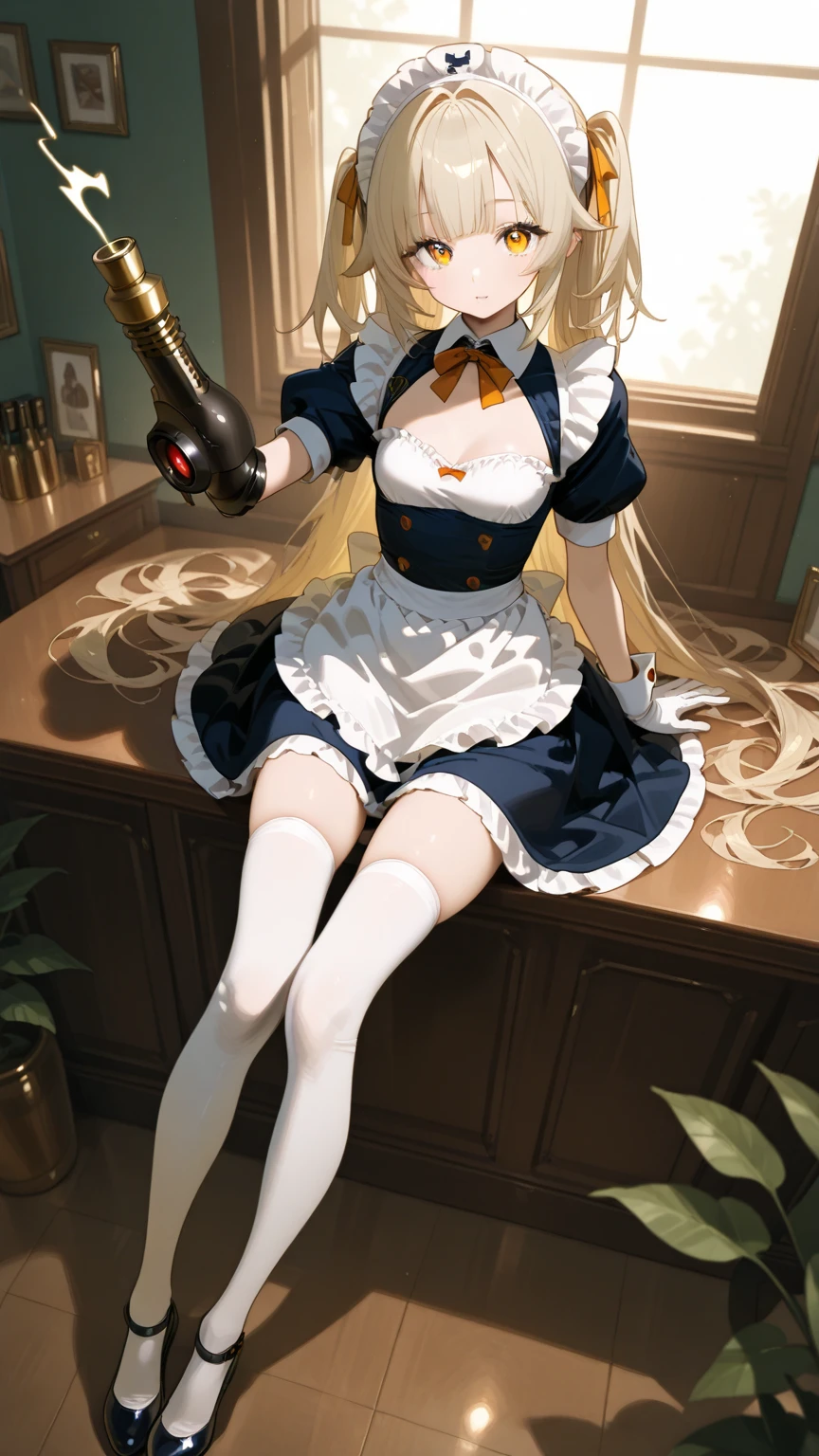 sitting, looking at viewer, hand up, blush, 1girl, <lora:Char - Blue Archive - Sukeban (MG) v2:0.6>, sukebanmg, yellow eyes, blonde hair, forehead, halo, large breasts, maid, maid headdress, dress, cleavage, choker, frills, white gloves, white pantyhose, high heels, mouth mask, table, wine bottle, window, curtain,