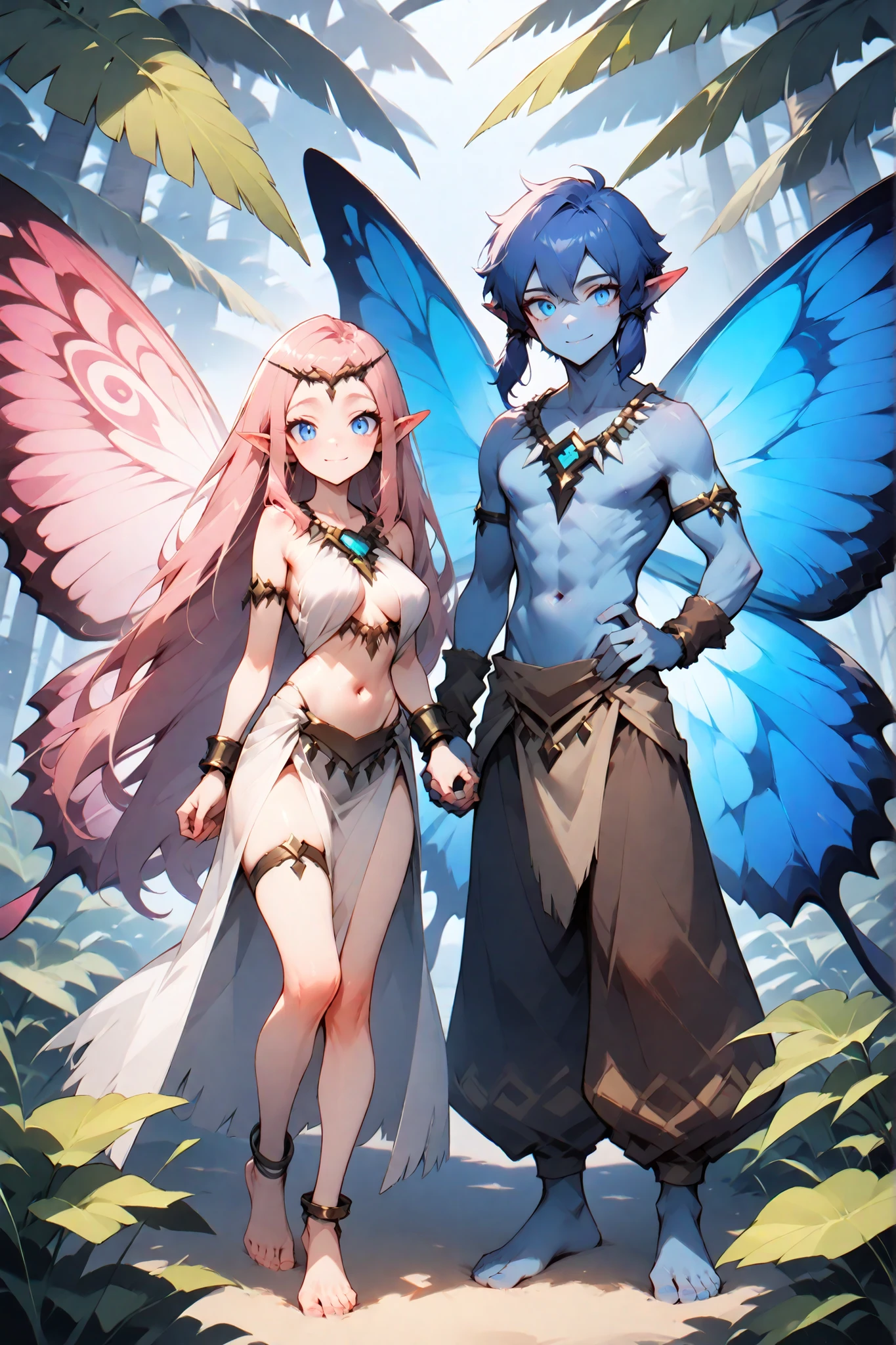 
masterpiece, best quality, amazing quality, very aesthetic, high resolution, newest, hyper-detailed, (long shot), couple holding hands [FAIRYS],gentle smile; mature man ( pink hair, short hair, short bang hair, butterfly wings, blue color skin, tribal clothes); mature woman ( pink hair, long hair, long bang hair, butterfly wings, blue color skin, tribal clothes) fantasy theme, fron to the viewer, fan art, absurdres, amazing tropical forest background, depth of field