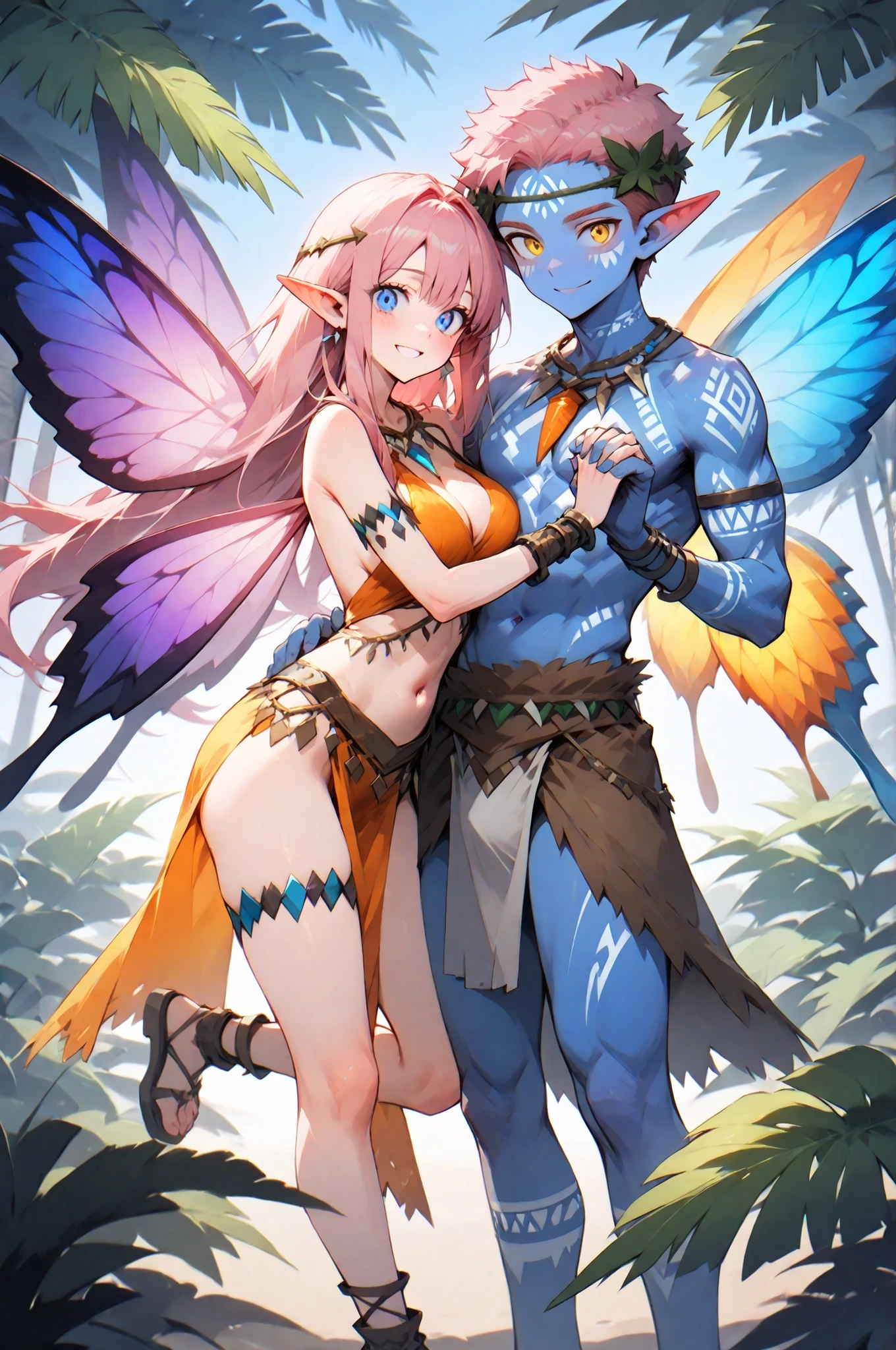 
masterpiece, best quality, amazing quality, very aesthetic, high resolution, newest, hyper-detailed, (long shot), couple holding hands [FAIRYS],gentle smile; mature man ( pink hair, short hair, short bang hair, butterfly wings, blue color skin, tribal clothes); mature woman ( pink hair, long hair, long bang hair, fairy butterfly wings, blue color skin, tribal clothes) fantasy theme, fron to the viewer, fan art, absurdres, amazing tropical forest background, depth of field 