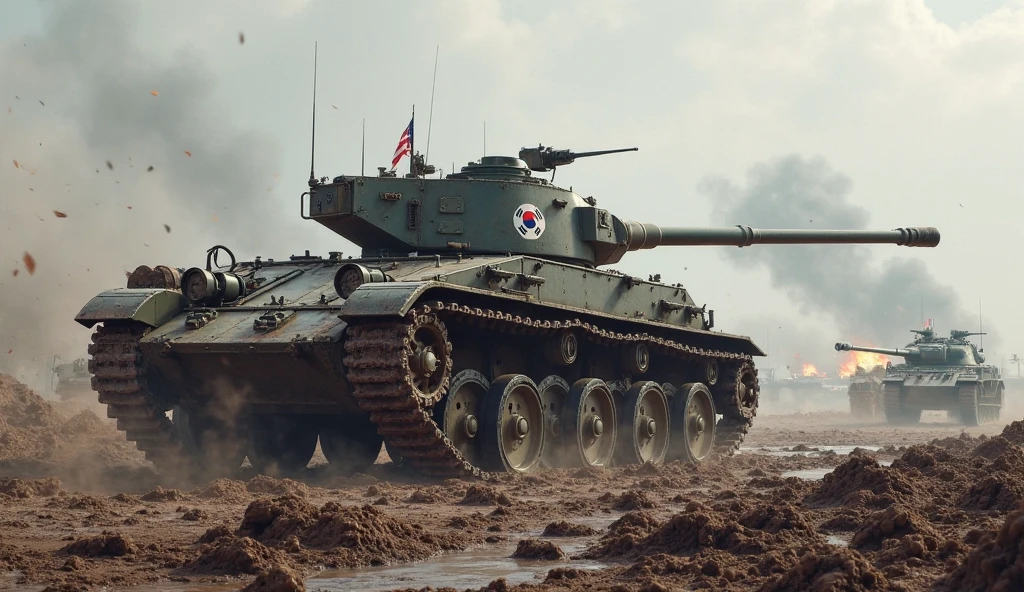 realistic Black and white painting, anime, armored tank from ii world war period, tank battle of the bulge, Dynamic action, shots, explosion , destroyed tanks in background, photorealistic shot, wide angle