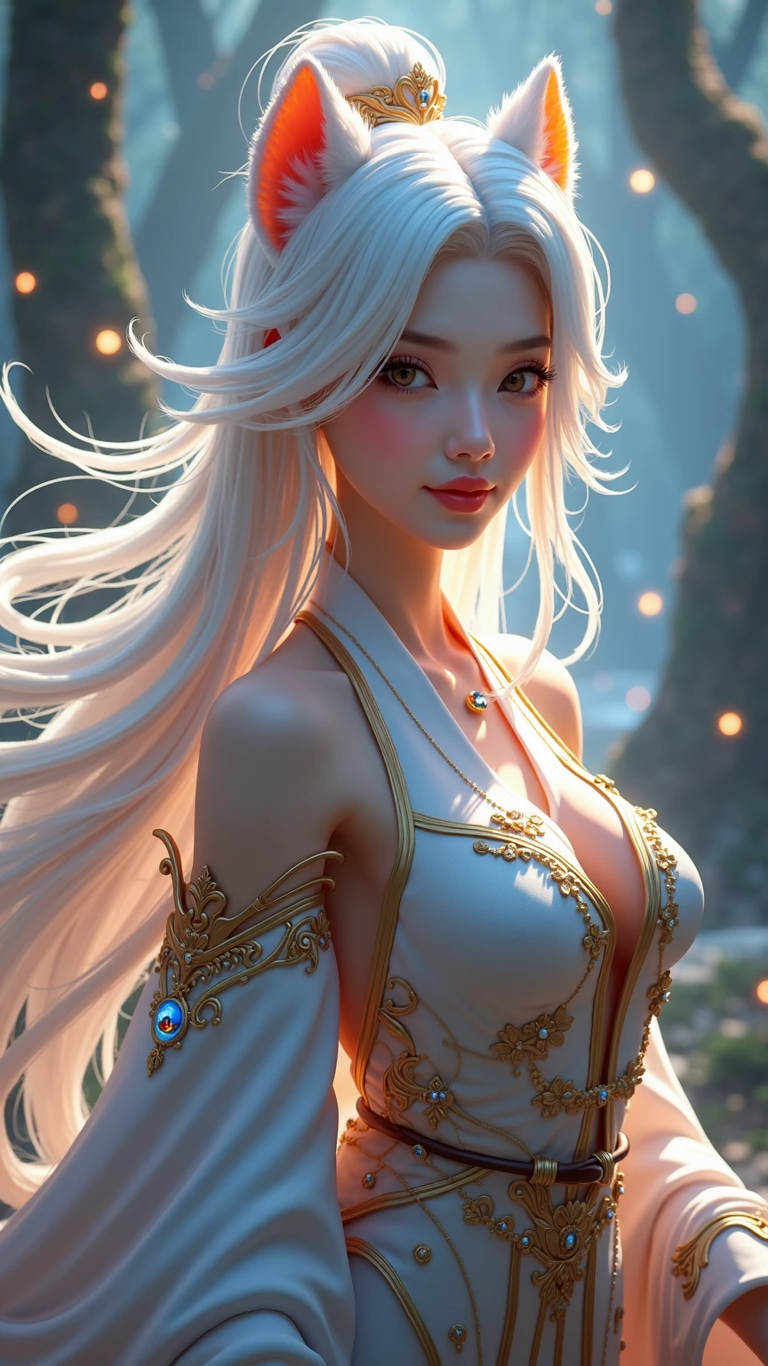 (A Gorgeous Chinese|Filipina woman, slanted Asian eyes, thighs:1.35), flowing white hair, fox ears, stylish, pink eyes, fiery flowers background, beautiful, goddess, fantasy world. Cinematic Lighting, ethereal light, intricate details, extremely detailed, incredible details, full colored, complex details, insanely detailed and intricate, hypermaximalist, extremely detailed with rich colors. masterpiece, best quality, aerial view, HDR, UHD, unreal engine. plump looking at the camera, smooth thighs, (glittery jewelry) ((acrylic illustration, by artgerm, by kawacy, by John Singer Sargenti) dark Fantasy background, glittery jewelry, Representative, fair skin, beautiful face, Rich in details High quality, gorgeous, glamorous, 8k, super detail, gorgeous light and shadow, detailed decoration