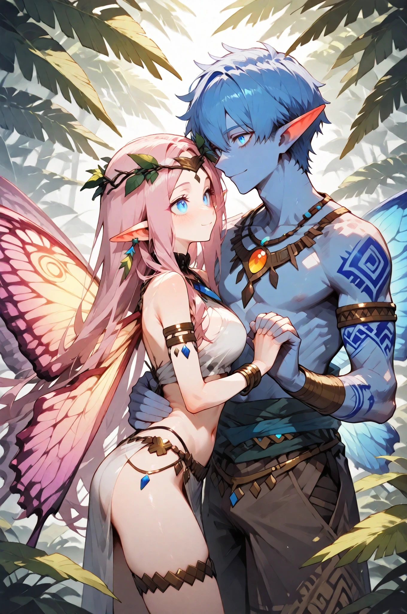masterpiece, best quality, amazing quality, very aesthetic, high resolution, newest, hyper-detailed, (long shot), couple holding hands ((fairys)),gentle smile; mature man blue hair, short hair, short bang hair, ((butterfly wings)), ((poited ears)) blue skin, tribal clothes); mature woman pink hair, long hair, long bang hair, ((butterfly wings)), ((poited ears)) pink skin, tribal clothes) fantasy theme, fron to the viewer, fan art, absurdres, amazing tropical forest background, depth of field