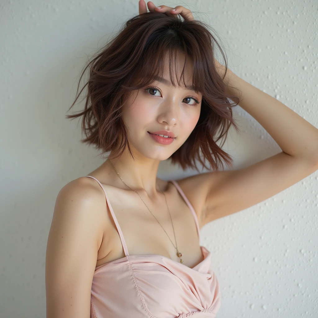 ((best quality, 8K, master piece:1.3)), concentrated:1.2, beautiful woman with perfect figure:1.4, cocked ass:1.2, ((cut hair in layers:1.2)), (medium breasts),(bandeau dress:1.5), Highly detailed face and skin texture, detailed eye, double eyelid，whiten skin，white long hair,(please shut your mouth:1.3)，smile