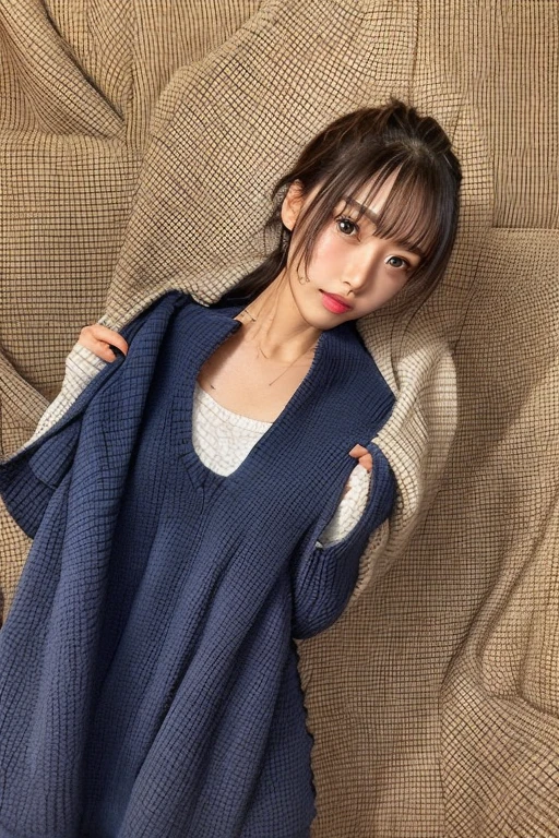 (High Definition),One Girl, Japan Person, Cute, Black Hair Short, cable Knit Drop Sweater Navy blue, pull down Plaid Print Flare Tweed Skirt A-line, lie down at side with cushions on bed, spread legs, looking side glance, Drink a cup of tea, Natural light:,