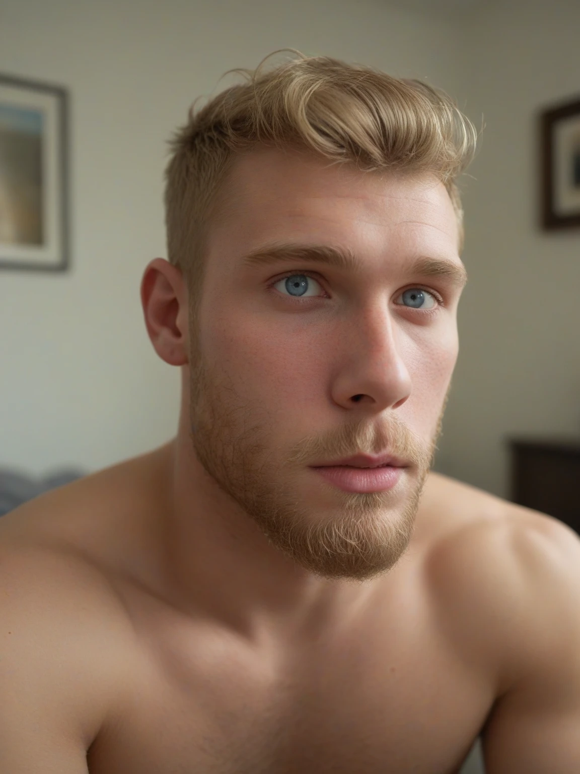 Hot blond hair, blue eyed man sexy lieing on a bed. Hard dick, hairy chest.