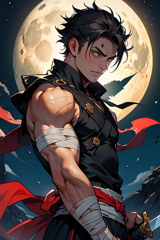 (Masterpiece, Best quality 19 year old boy, black background), solo, Young, boy, muscler, (Dark Short straight hair, under cut, brown eyes), (red headband, ((fingerless gloves, belt, black wristband, long cloak, tight sleeveless))), Vivid colors, muscler body, (aura power:1.4), detailed face, detailed muscle, (((A magical mystical aura, rippling muscles, chilling atmosphere, subtle color tones, dynamic pose, intense action scene)))