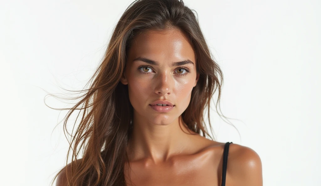 Gorgeous european woman with very short hair, short ponytail with fringe, wet hair, hair slicked back, combed straight back, slick hair, streaked brown hair, Tori Black in a tight wet yellow open blouse, cleavage, freckles, solid dark grey background