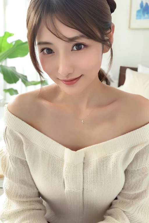 ((early morning, realistic light, highest quality, 8K, masterpiece: 1.3)), 1 Japan girls, Medium fat beauty: 1.4, abs: 1.1, (light brown long hair, small breasts: 1.3), off shoulder, Pink long sweater: 1.1, Bedroom, super beautiful face, delicate eyes, double eyelid, smile, necklace
