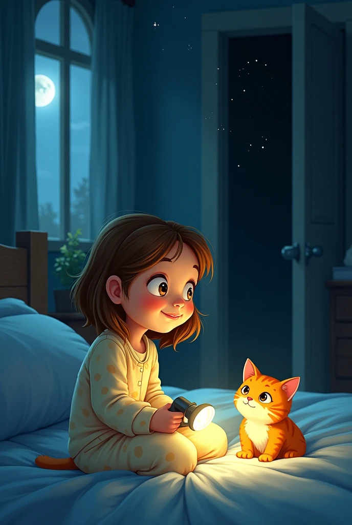 Create a cartoon image where a girl is saying goodnight to a dog, Cat and a squirrel through a window, Since the girl is inside the house and the animals are outside the house, that is, on the other side of the window.