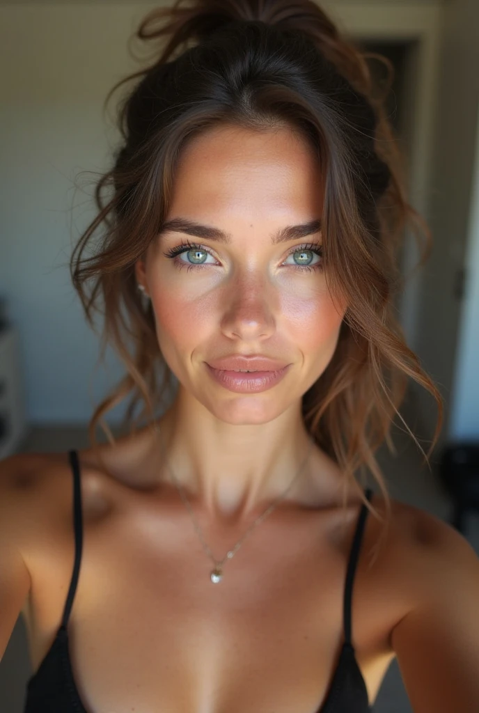 Arafed femme âgée de 50 ans avec débardeur et culotte assortis, fille sexy aux yeux bruns, cheveux bruns et grands yeux, selfie d'une jeune femme, Yeux de chambre, sans maquillage, maquillage naturel, regarder directement la caméra, Visage avec Artgram, Maquillage subtil, Superbe photo du corps entier, dans la chambre, clivage