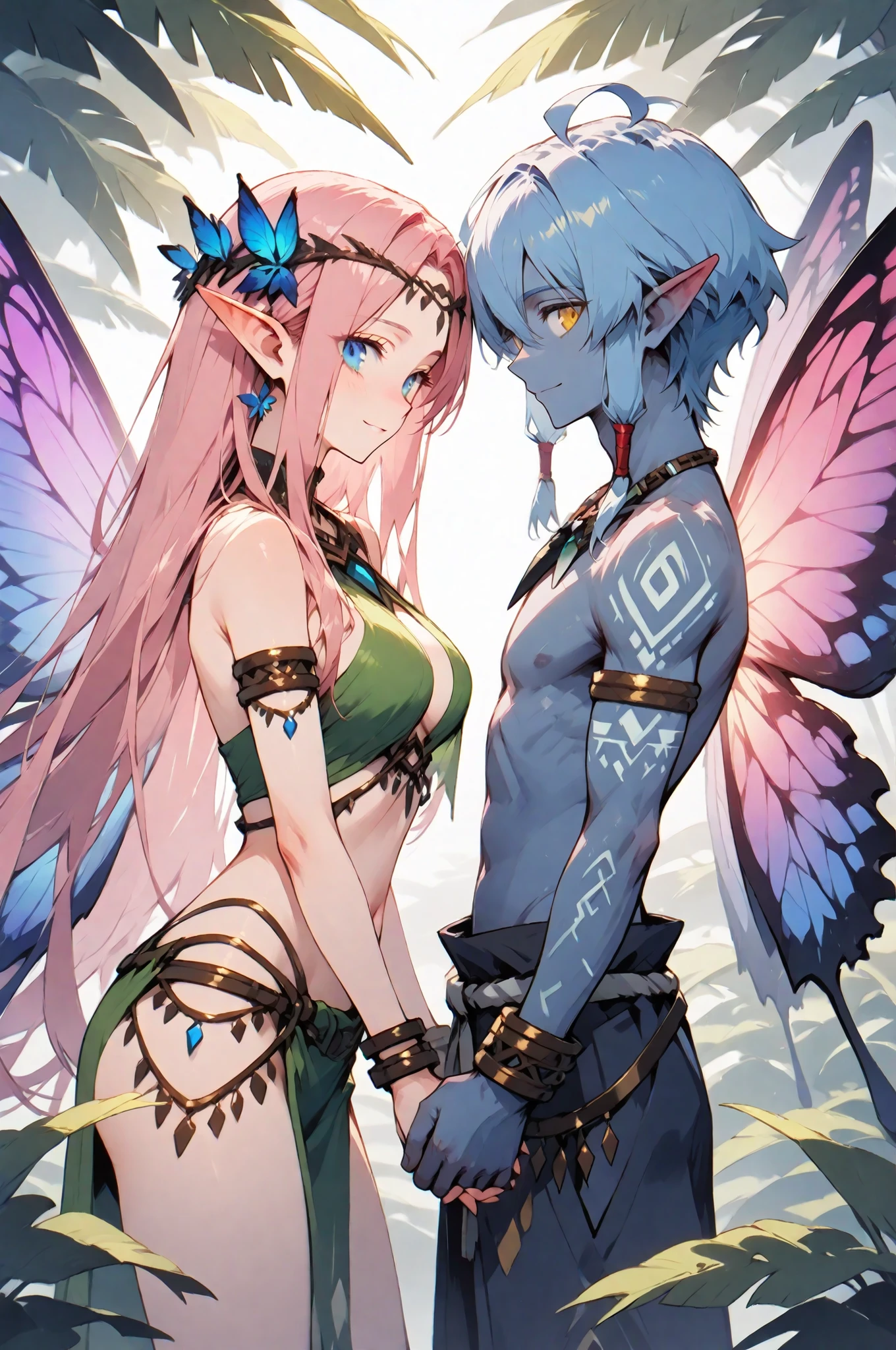 masterpiece, best quality, amazing quality, very aesthetic, high resolution, newest, hyper-detailed, (long shot), couple holding hands ((fairys)),gentle smile; mature man blue hair, short hair, short bang hair, ((butterfly wings)), ((Elf ears)) blue skin, tribal clothes); mature woman pink hair, long hair, long bang hair, ((butterfly wings)), ((Elf ears)) pink skin, tribal clothes) fantasy theme, fron to the viewer, fan art, absurdres, amazing tropical forest background, depth of field