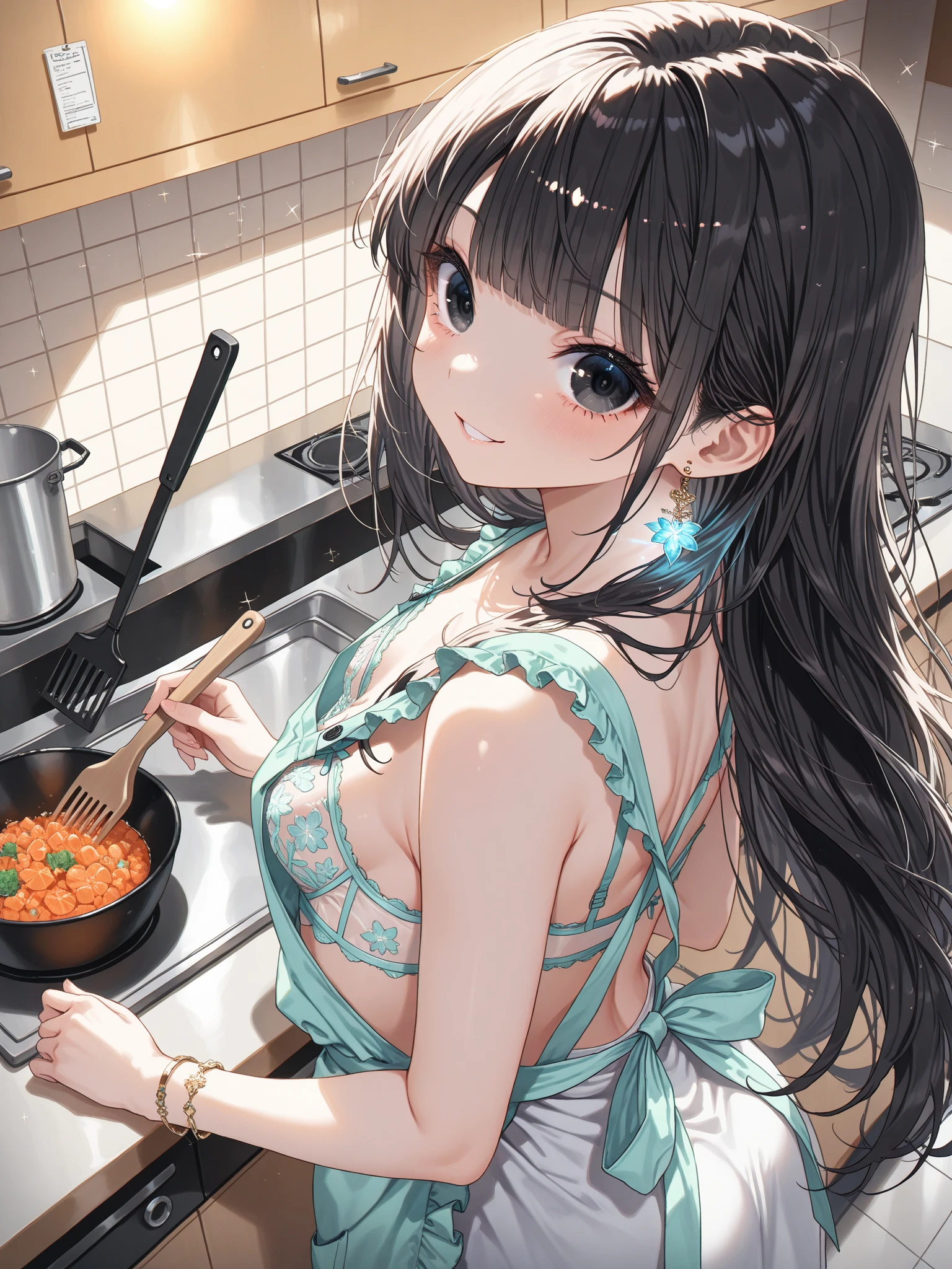 A girl in a micro bikini making curry fried rice