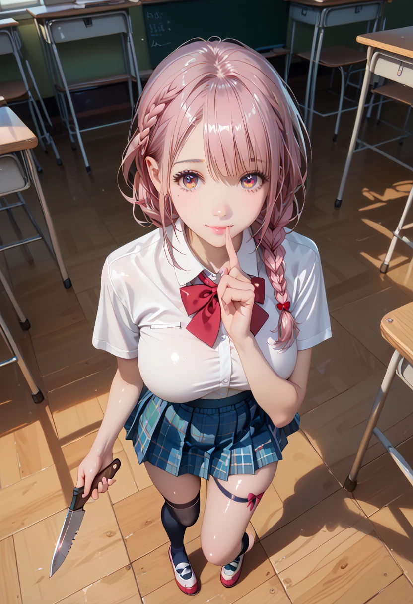 (Masterpiece, BestQuality:1.3), (ultra detailed:1.2), (hyperrealistic:1.3), (RAW photo:1.2), High detail RAW color photo, professional photograph, (Photorealistic:1.4), (realistic:1.4), (Pink Hair:1.5), professional lighting, perfect ???????, (Big Breasts:1.2), (blush, detailed face), (cheerful Smile:1.5), Trending Hair&Trending Hairカラーをランダムに, earrings, necklace, bracelet, sexly, ?????? sexly, Random sexy gravure poses, (A beautiful girl in a sailor suit、While sitting on a desk in the classroom, she lifted her skirt with both hands.、Smiling mischievously。The white knee socks and ribbon blouse are adorable.。: 1.3)