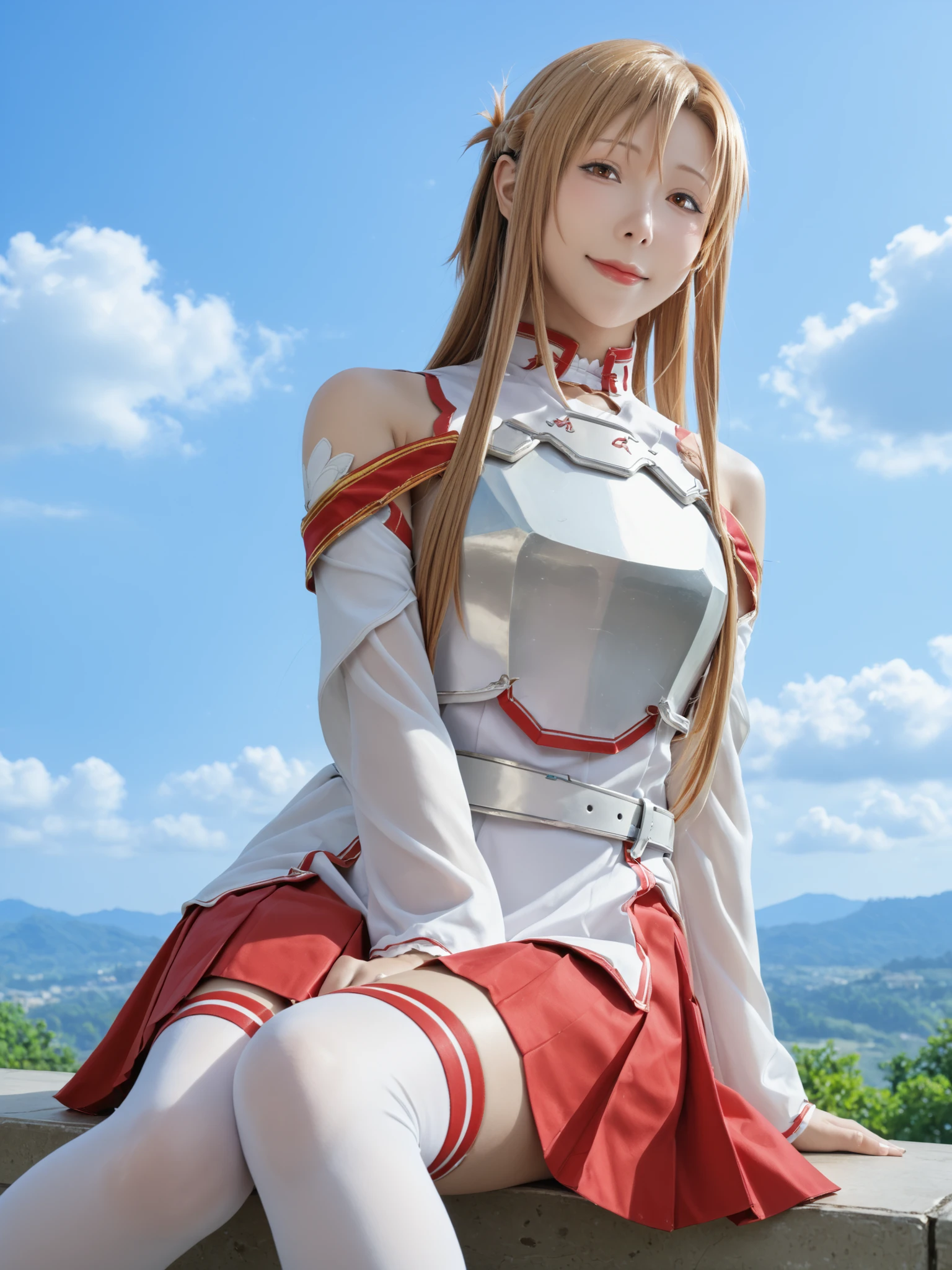 nsfw, Sao, asuna(Sao), huge chest, white thigh high socks, sitting, red skirt, smile, chest当て, brown hair, Watch Viewers, brown eyes, white armor, bare skin shoulders, Detached Sleeves, pleated skirt, Miniskirt, Blue Sky, cloud, closed mouth, chest, White Sleeve, Absolute region, White Belt, white dress, long sleeve, White footwear, braids,