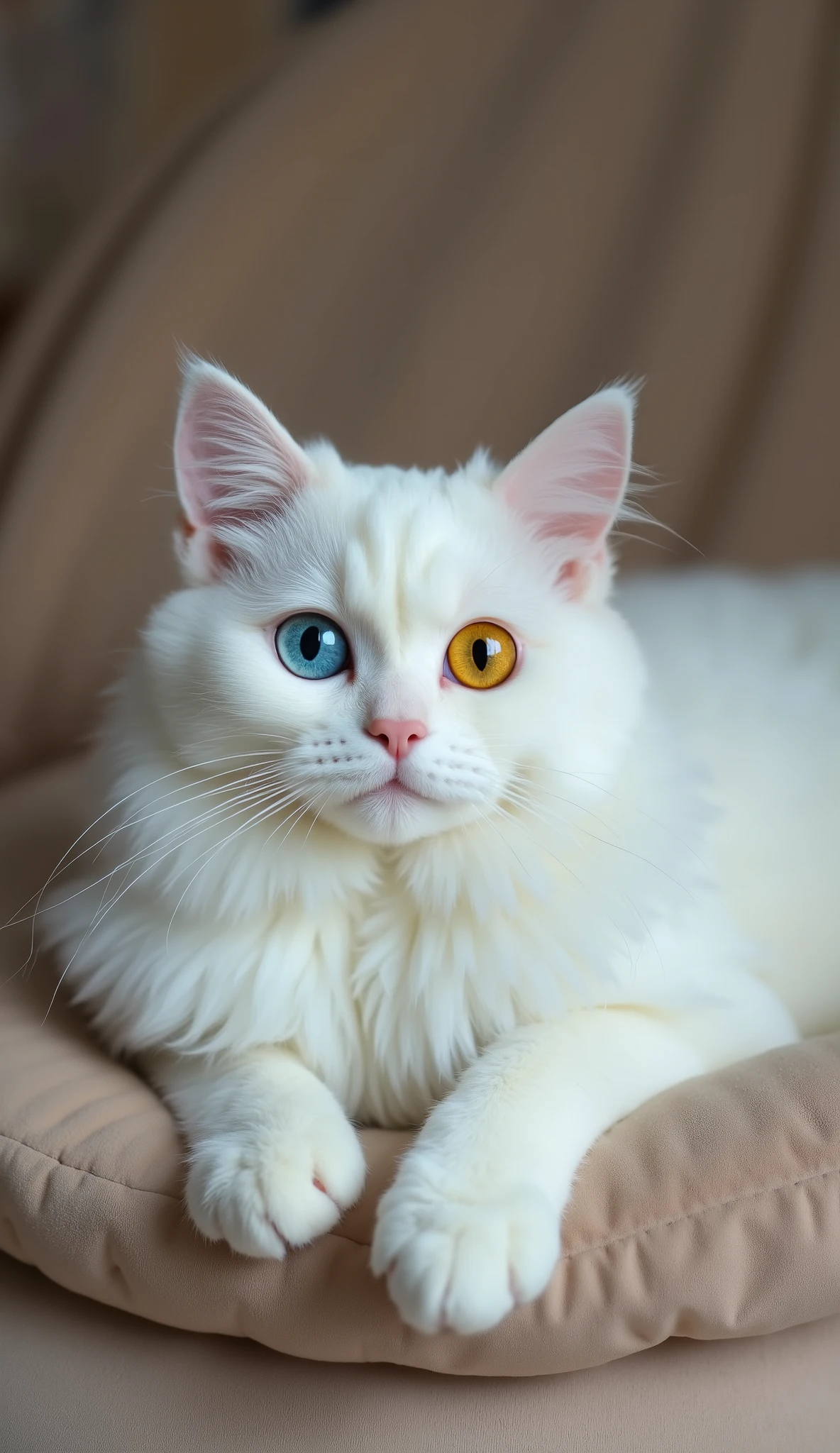 beautiful white Persian cat, with one blue and one yellow eye, lying on a cushion, looking at the camera. 