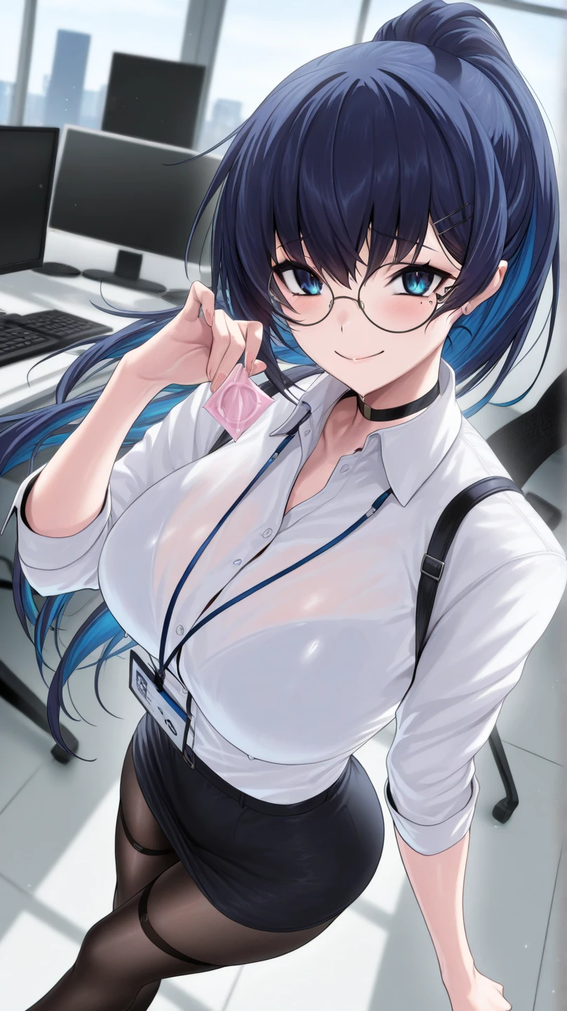 xianyun, 1girl, solo, multicolored hair, black hair, green hair, blue hair, very long hair, ponytail, deep blue eyes, big breasts, hair ornament, black_lace, high heels, glasses, black pantyhose, shirt, black skirt, long sleeves, pencil skirt, white shirt, bangs, miniskirt, lanyard, jacket, black pantyhose, black footwear, high-waist skirt, (simple background), white background, looking at viewer, , arm under breasts, black underwear, (beautiful color, detailed, best quality, amazing quality, very aestheti