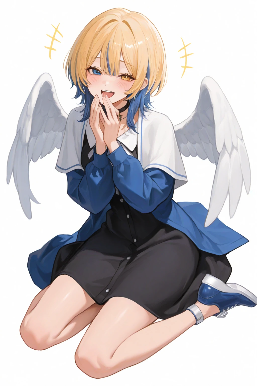 (((1girl))), ((best quality)), ((masterpiece)), ((ultra-detailed)), (illustration), (detailed light), (an extremely delicate and beautiful), (beautiful detailed eyes), (sunlight), ((extremely light)), 

((((school uniform and a pleated skirt)))),
school girl,

wavy short manish bob, (((yellow gold hair))), (((short hair))), 
(((deep red eyes))), 

(((angelic clothes))), (((((angel wings))))), (((angel halo))),

((whole body)), aged 14 to 17, 
diamond, beautiful, ((extra elegant)), (((condescending expression))), (sexually mischievous smile),  (((extra adorable))), (((extra slender shape))), 

(((((sitting on the sofa on her knees))))), 

((((exposed white and pearl whity gold panties)))), (((extraordinarily thin thighs)))