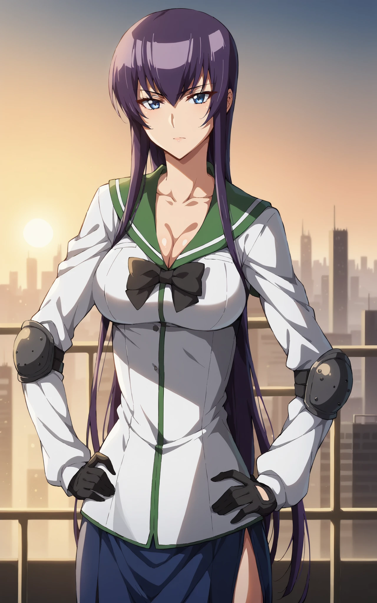 score_9, score_8_up, score_7_up, looking at viewer, BREAK
MainOutfit_SaekoBusujima_ownwaifu,
1girl, blue eyes, hair between eyes, long hair, purple hair, very long hair, large breasts, collarbone, bangs, sidelocks,
black bow, black skirt, green sailor collar, green serafuku, school uniform, white shirt, serafuku, bow, cleavage, skirt, gloves, long sleeves, black thighhighs, side slit, elbow pads, zettai ryouiki, knee pads, long skirt, bowtie,
(contrapposto, hand on hip), sunset, sidelighting, cityscape, outdoors, , depth of field, solo,