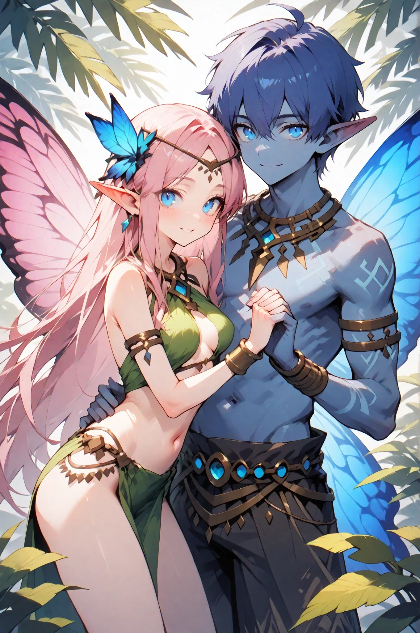 masterpiece, best quality, amazing quality, very aesthetic, high resolution, newest, hyper-detailed, (long shot), couple holding hands ((fairys)),gentle smile; mature man blue hair, short hair, short bang hair, ((butterfly wings)), ((Elf ears)) blue skin, tribal clothes); mature woman pink hair, long hair, long bang hair, ((butterfly wings)), ((Elf ears)) pink skin, tribal clothes) fantasy theme, fron to the viewer, fan art, absurdres, amazing tropical forest background, depth of field