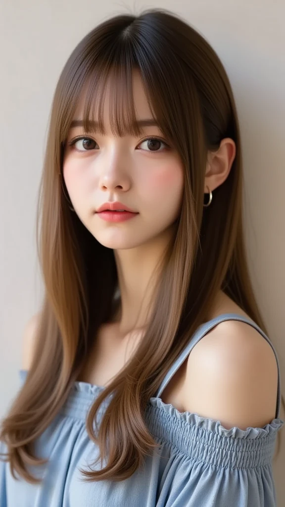 Japanese women's hairstyles/Waistline/Hair flow from bangs to face/Hair style with layers/Rounded hairstyle/Transparent hair color/semi-long/Beautiful collarbone/Natural and nude make-up/White loose V-neck T-shirt/Natural light/Transparency/
