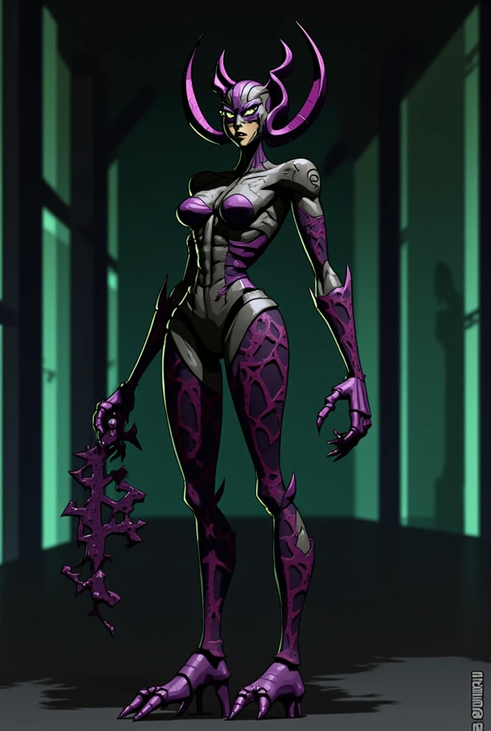 Full body of "Female Drow Elf Gray skin smile, white silver hair and violet eyes" showing her back to me, black gantz suit, red gloves gauntlets, military high boots bootstraps, red cheeks, thick hips, hands on hips, metal handcuffs clenching fist