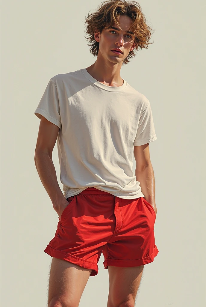 A delicate blond Korean man shirtless, in his underwear, with a red bow around his waist.