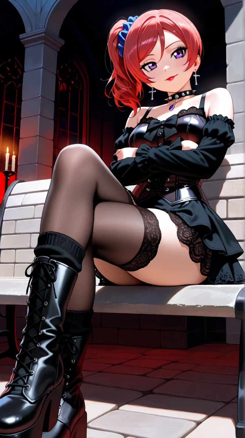 masterpiece, highly detailed, high quality, delicate bloody throne, huge red moon, 1girl, evil, playful, smile, dynamic angle, lying on throne, legs on armrest, mystical, fanatic, intricate, surreal, delicate, wearing armored gothic dress, cinematic lighting