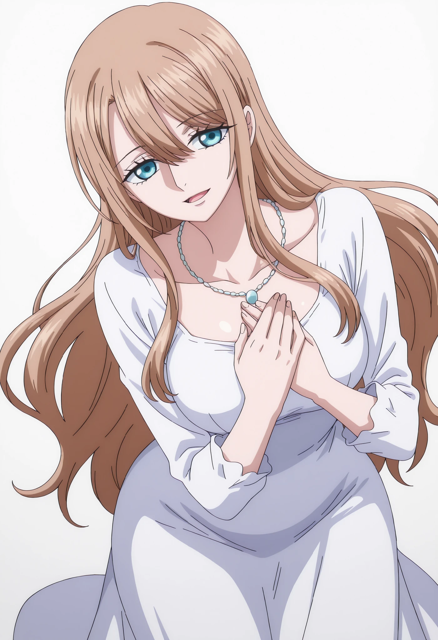 tall girl, 1girl,  shiny light, (aged up:1.5),long hair, (bangs), hair between eyes, very light brown hair, pale skin, light blue eyes, shiny eyes,small breasts, necklace, white summer dress, narrow waist, long sleeve ,white background, simple background, anime coloring, anime screencap, masterpiece, best quality, amazing quality, intricate details,(cowboy shot), hands to chest, light open mouth, leaning forward , , light smile, from above, looking at viewer, (very slightly long neck:1.1), ((Curvy woman, Full-figured woman))