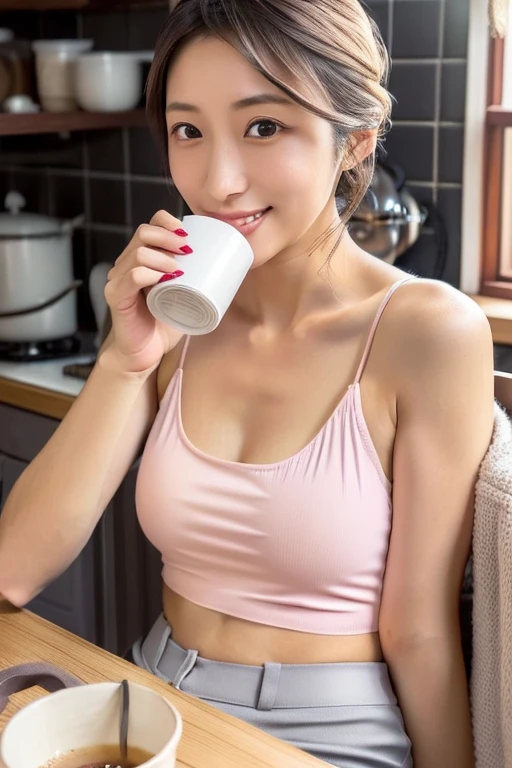 (Ultra HD), (looking at the camera), (Pink waitress:1.2, Apron with white frills), Beautiful breasts, Big Breasts, slender, Narrow waist, whole body, Standing posture, (Beautiful Skin, Shiny skin, White skin), (Super slim face, Super beautiful face, No makeup), (light brown, ponytail, Layered Cut, Fluffy hair), (double eyelid, Slanted Eyes), Small Nose, Thin lips, (Thin legs:1.2), (Thin thighs:1.2), (Thin Hips:1.4), Coffee shop