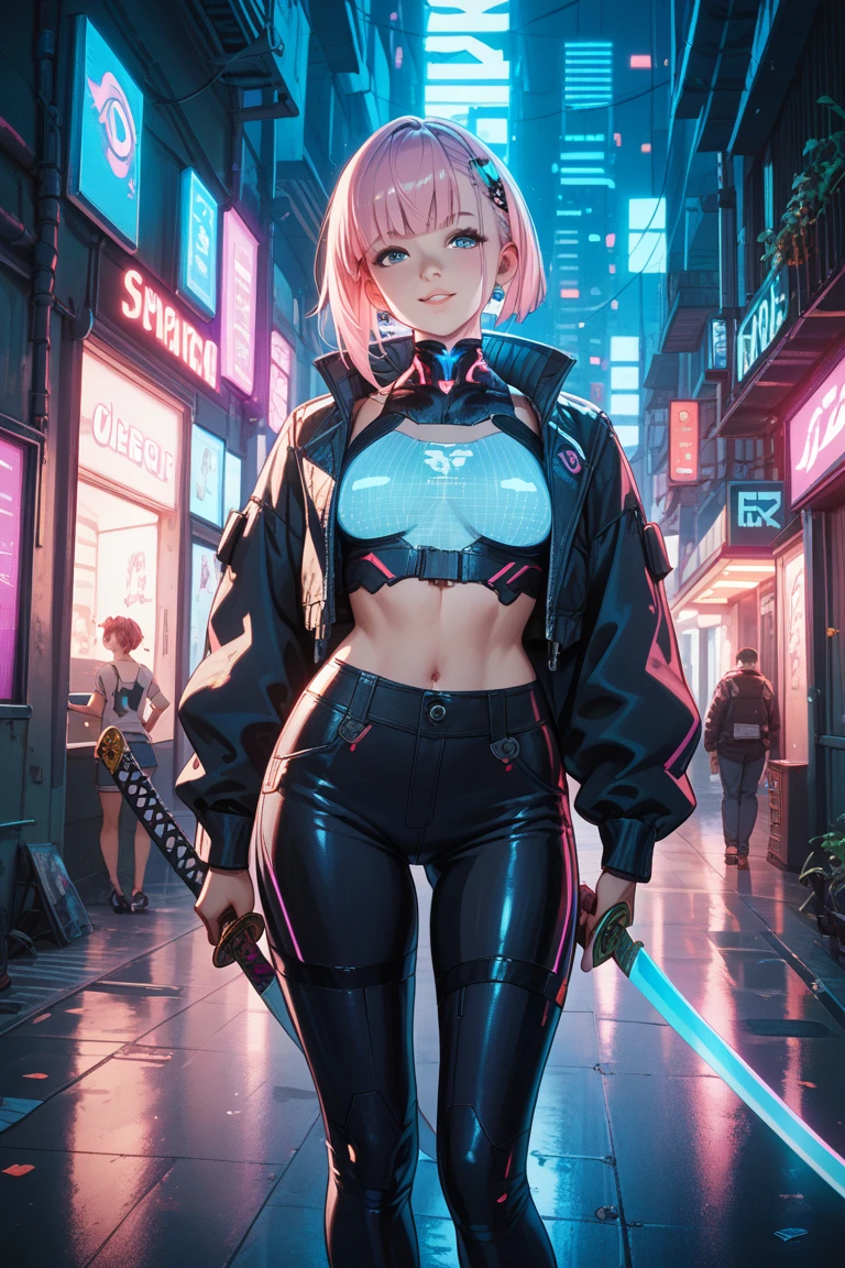 whole body像，Cityscape with pink hair、anime girl in futuristic clothing, hyper-realistic cyberpunk style, Cyberpunk anime girl, Digital Cyberpunk Anime Art, Fantastic cyberpunk girl, Anime style. 8K, female Cyberpunk anime girl, digital cyberpunk - anime art, Portrait anime space cadet girl, Cyberpunk girl portrait, Beautiful cyberpunk girl face, Anime style 3d, Realistic anime girl rendering，(RAW photos:1.2)，Camel toe，Hollow，Sweaty legs，， Smooth pink skin, shining金属光泽皮肤, shining, 　Open your legs　M-shaped legs,Angry look,depressed,angry， whole body，whole body像