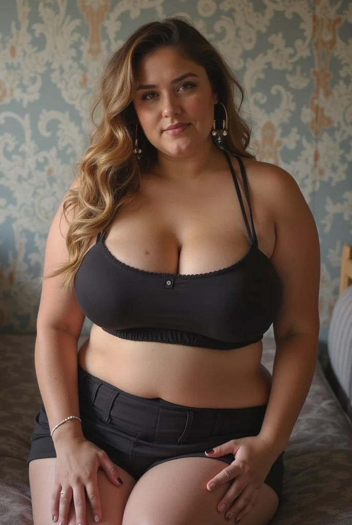Full body photo, curved hourglass figure, (woman wearing underwear and cropped top), smiling small,thicc, large breasts, protruding belly, visible curves, thick thighs, cinematic, 8k resolution, curved ass, large breasts drooping, landing, large crotch, (detailed realistic face), freckles, (((hyperdetailed))), enlarged, symmetrical face, detailed pupil, expressive eyes, Casey Baugh, Michael Garmash, Sophie Anderson, hasui kawase, makeup, real photography, modern look, real photography (Realisitc:1.5), (((ultra realistic face)))
