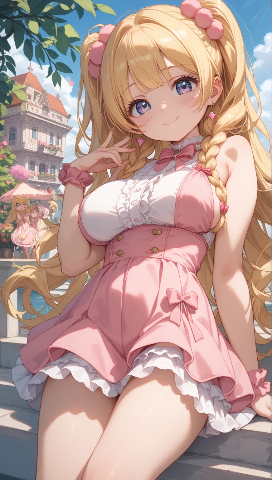 Highest quality, masterpiece, Adult women,8 heads，Blonde，Big Breasts，Skinny Jeans，Pink off-shoulder，Heeled Sandals，In town，Naughty face, Golden Necklace、bracelet