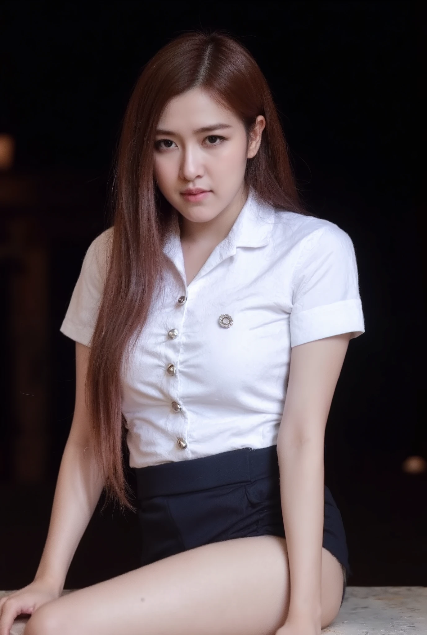 fashion photography of Rose from blackpink in thai university uniform, sexy posing, darken in background
