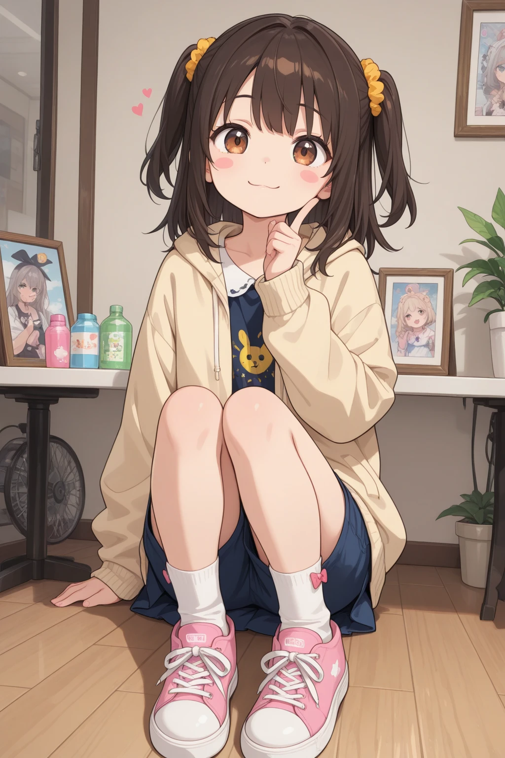 One , Brown Hair, Bob Hair, bangs, Character design drawings, anime, Ghibli-style colors, Gentle colors, Wearing a white short-sleeved hoodie and jeans、5 years old、Background is white