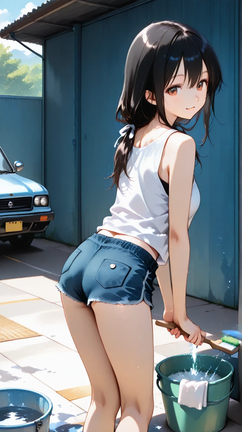 absurderes、masterpiece、top-quality、realisitic、Hyper-detailing、(skin gloss、Sweatiness:1.4)、Looking at the camera、One Woman、独奏、(tshirts、High School Skirts)、long、poneyTail、blue eyess、(Thigh:0.5)、动态照明、hight resolution、foco nítido、depth of fields、((small tits、very slender body)),((looking behind、)),(red blush、Embarrassed look、)、((Angle from the ground、The crotch of the panties is visible、s ass))