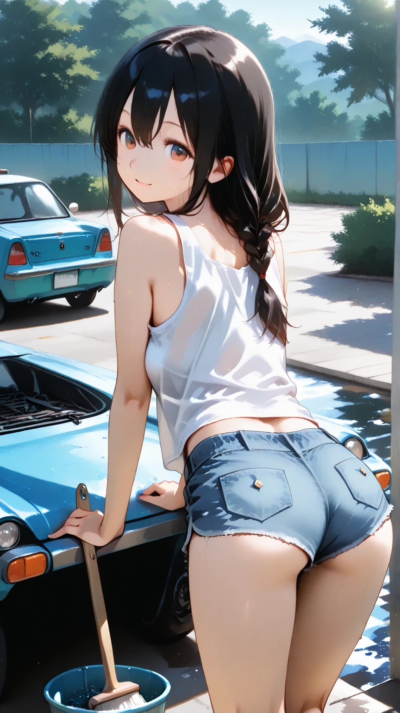 long wavy dark hair,White top,denim short,Black mesh stockings,canvas shoe,Leaning next to the car